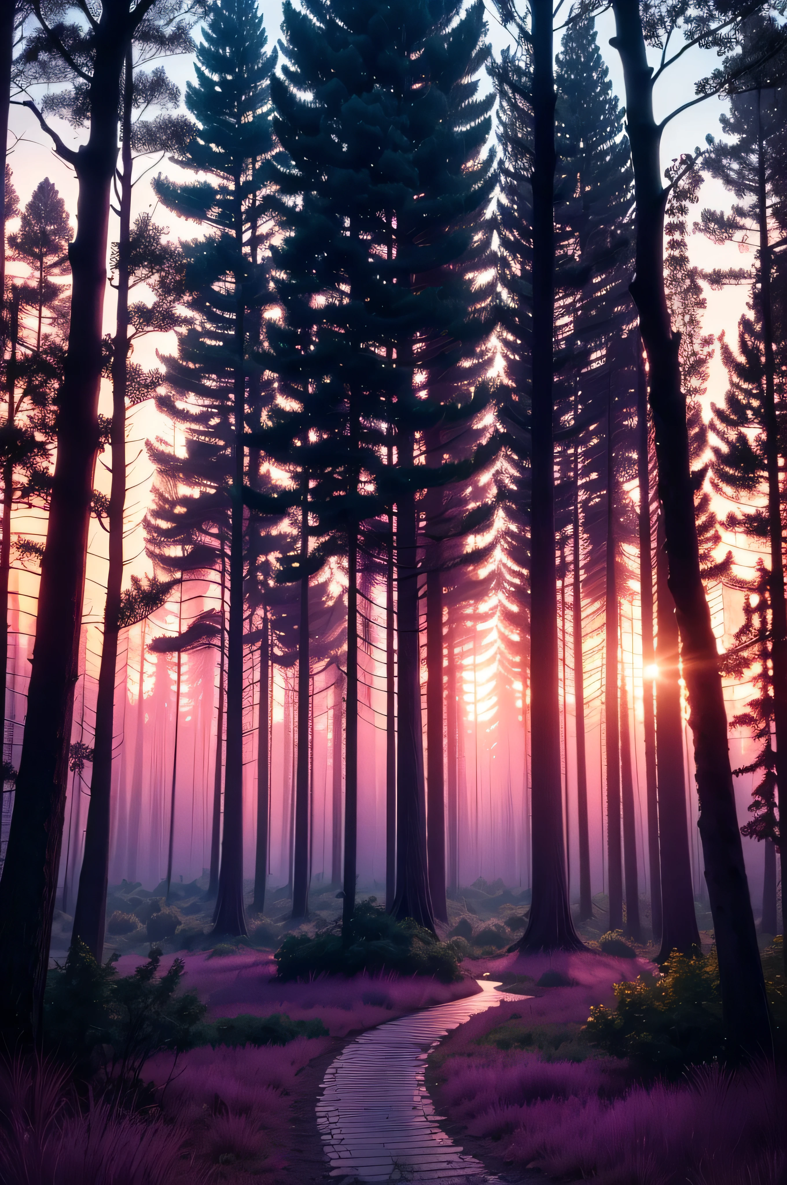 "A tranquil forest clearing at dusk, with the sky painted in shades of purple and pink, and the silhouette of trees creating a stunning contrast against the colorful horizon."