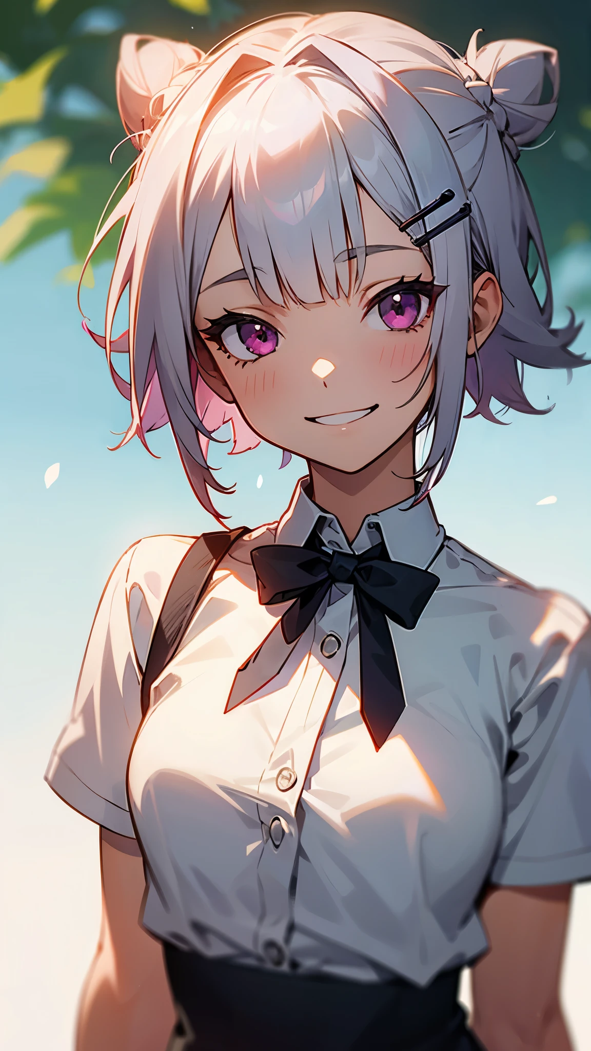 1girl、Short silver bob hair tied in a bun with a hair clip, Pink Eyes、Grin、Upper body close-up、Morning Cafe Terrace、Background blur, Written boundary depth