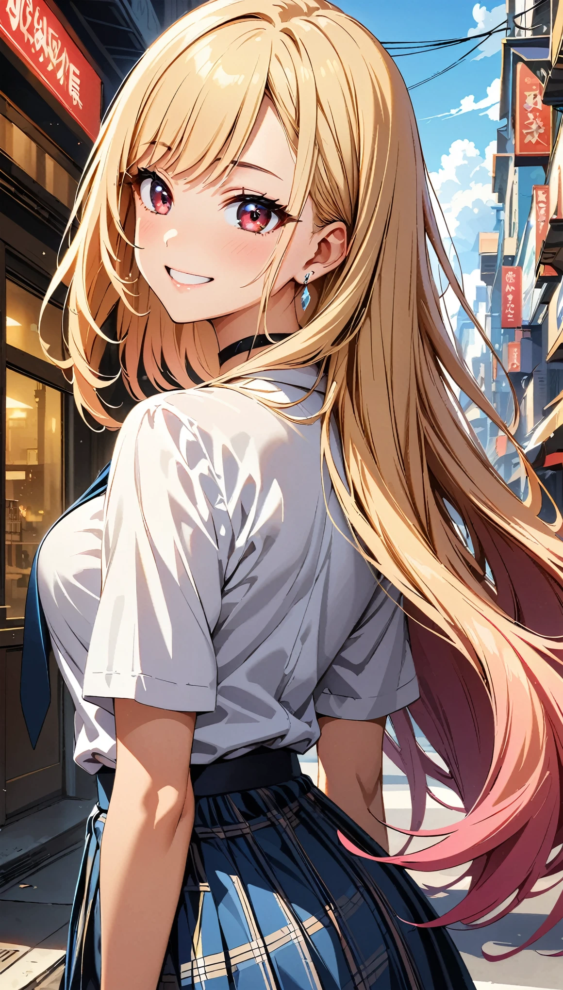 (highest quality:1.2, Anime artwork, Very detailed, High Detail, digital coloring, High Contrast, masterpiece:1.2, highest quality, Best aesthetics), (((kitagawa marin, 1 girl))), Blonde Hair, Straight long hair, Pink gradient hair, Red eyes, Earrings, White shirt, Black choker, Blue tie, Checked skirt, smile, Turn your back, Turning pose, Smiling Over the Shoulder, Cowboy Shot, Wide-angle lens, bustling street,