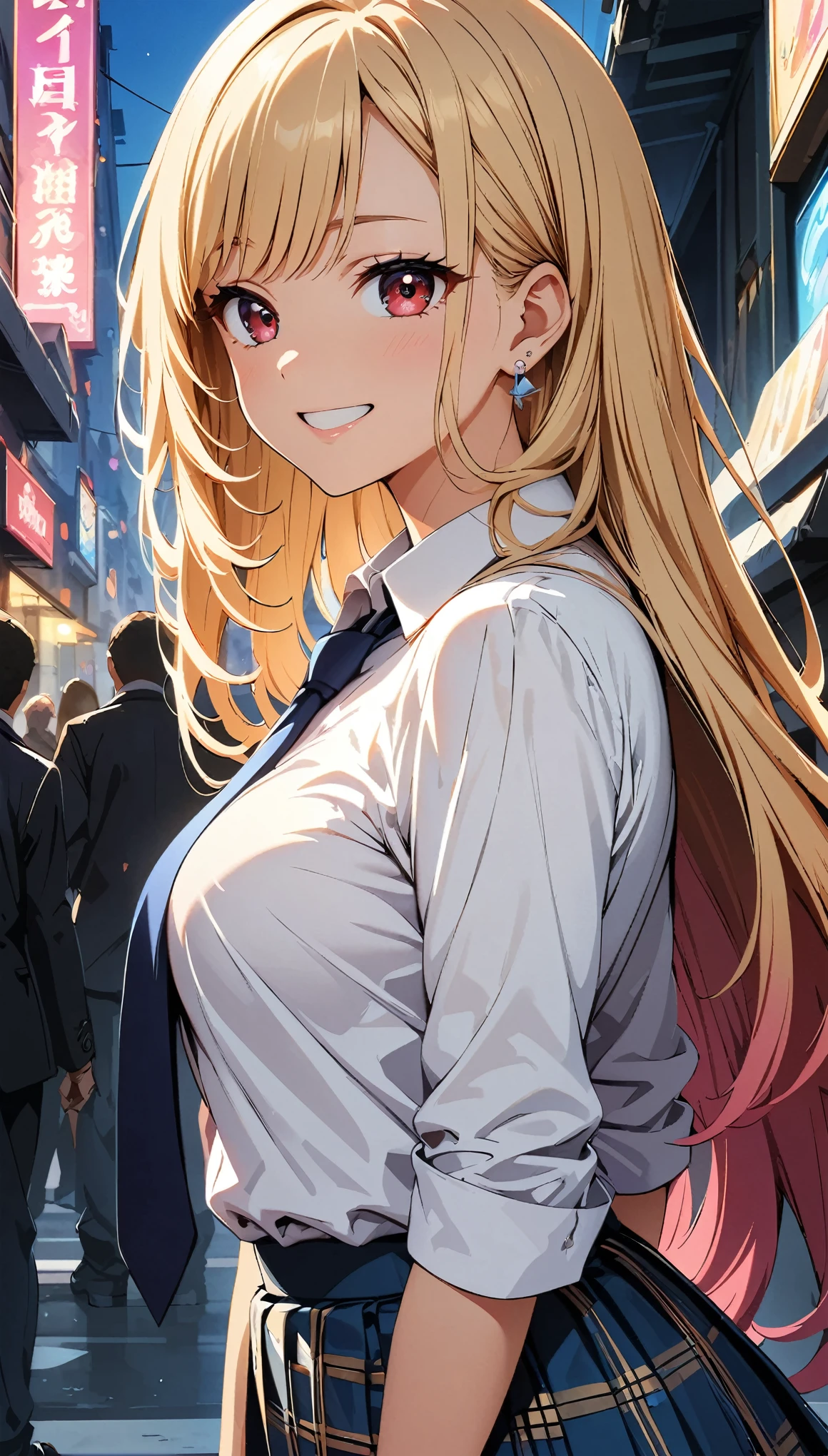 (highest quality:1.2, Anime artwork, Very detailed, High Detail, digital coloring, High Contrast, masterpiece:1.2, highest quality, Best aesthetics), (((kitagawa marin, 1 girl))), Blonde Hair, Straight long hair, Pink gradient hair, Red eyes, Earrings, White shirt, Black choker, Blue tie, Checked skirt, smile, Turn your back, Turning pose, Smiling Over the Shoulder, Cowboy Shot, Wide-angle lens, bustling street,
