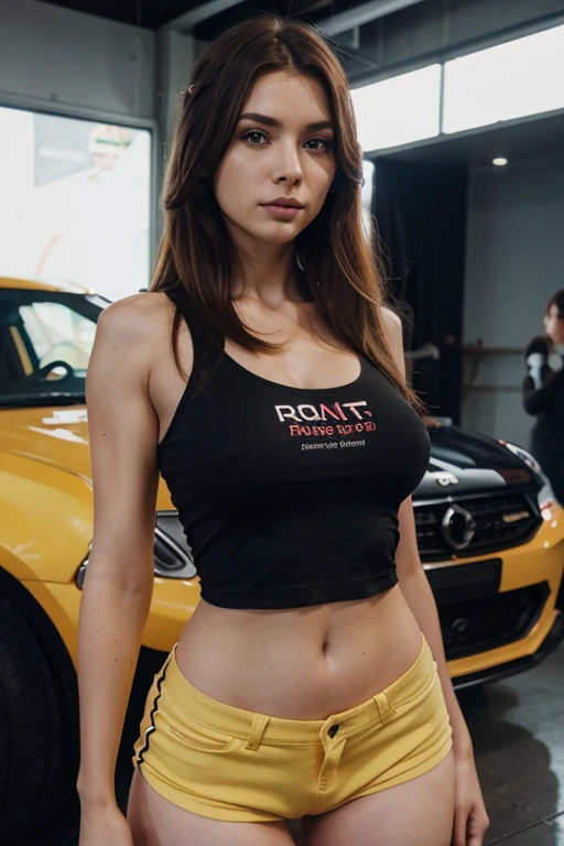 a very sensual slender redhead woman with long hair, very large breasts, full body image, short shorts non jeans, very low-cut t-shirt, in a front and side pose, in the background a yellow RXT car with stickers, high quality, 4k, photorealistic, detailed face and body, beautiful detailed eyes, beautiful detailed lips, extremely detailed facial features, long eyelashes, hyper detailed skin, professional studio lighting, vibrant colors, cinematic lighting, seamless, elegant, cinematic composition