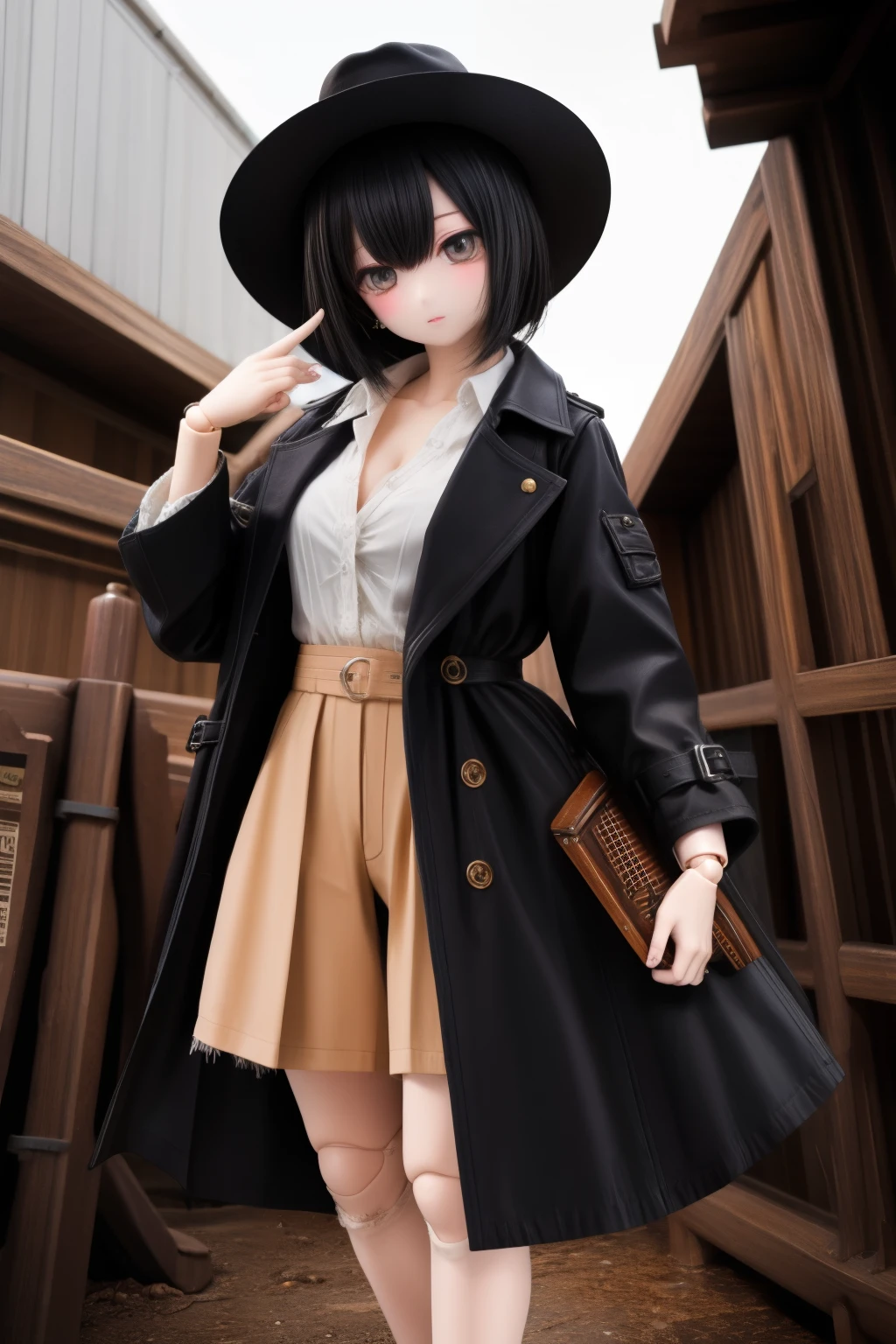 Black Hair、trench coat、Ball joints、Shotgun、Ten-gallon hat、Cowgirl、Tattered clothes,corridor