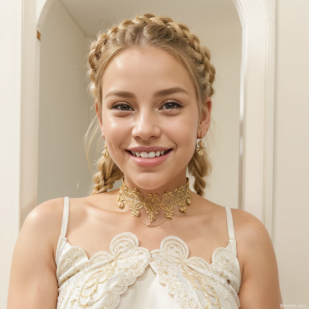Full body , blonde hair, French braid through hair, chignon, white and gold, filigree, choker, earrings, smile, smiling, big smile, very happy, full lips, full mouth, thick lips, thick mouth, puffy lips, puffy mouth, skin tight, hair bow, strapless, doorway, bimbo lips