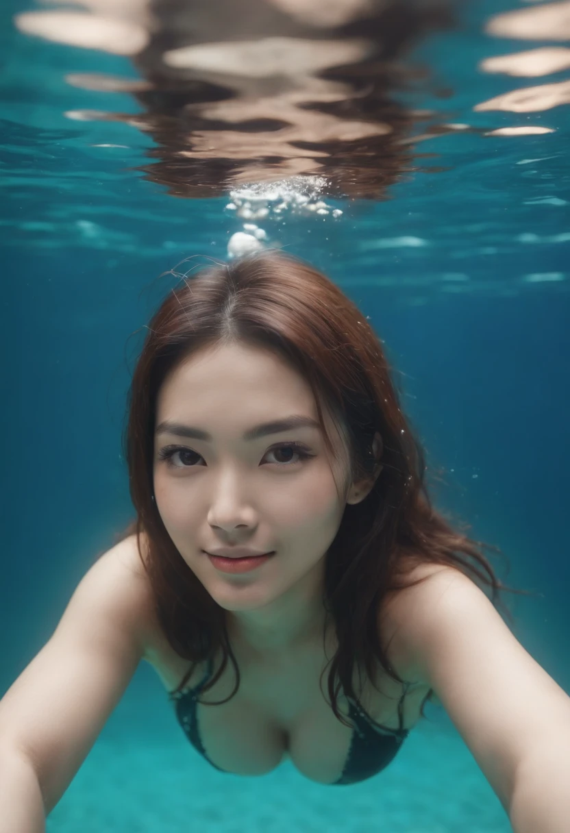 A cute and beautiful Japanese woman in her late twenties with semi-long hair and a voluptuous figure is diving underwater. She is facing the camera with a beaming smile, looking very stylish in a micro bikini. There are many beautiful tropical fish swimming around her.