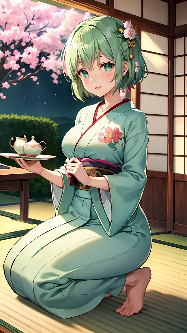 Girl with short green hair, Small breasts, Green Eyes, White Casual Wear Beauty Special、(((tits))),Full body photo from head to toe、Kimono、Patterned Japanese clothing、Cherry tree in full bloom、Fluttering petals、Tea Ceremony、Graceful Manners、Tea party、Chatting in a Japanese-style room