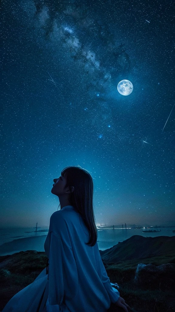 A silver moon floating in a beautiful night sky、masterpiece、View only