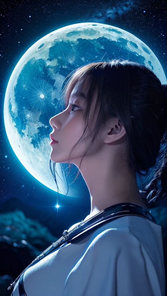 A silver moon floating in a beautiful night sky、masterpiece、View only