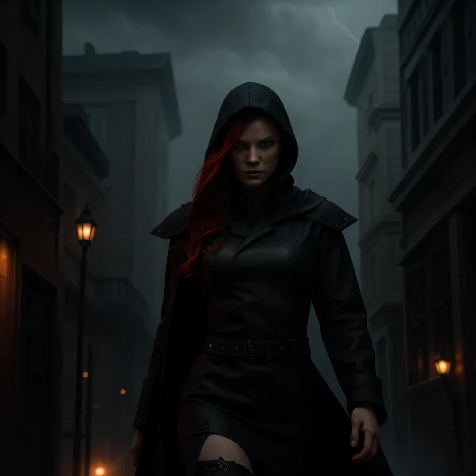 Best quality, realistic, a girl with red hair and detailed eyes and face, lightning bolts around, red glowing eyes, wearing a black dress, with a black overcoat, and a person with a black hood over their head. The scene depicts a huntress inspired by the style of Van Helsing. The background is a dark, mysterious setting with dimly lit streets and fog. The colors are rich and vibrant, with a dark and moody color palette. The lighting is dramatic, casting long shadows and highlighting the girl's determined expression. The overall image should have a cinematic and thrilling atmosphere, capturing the essence of a fierce and skilled huntress in action.