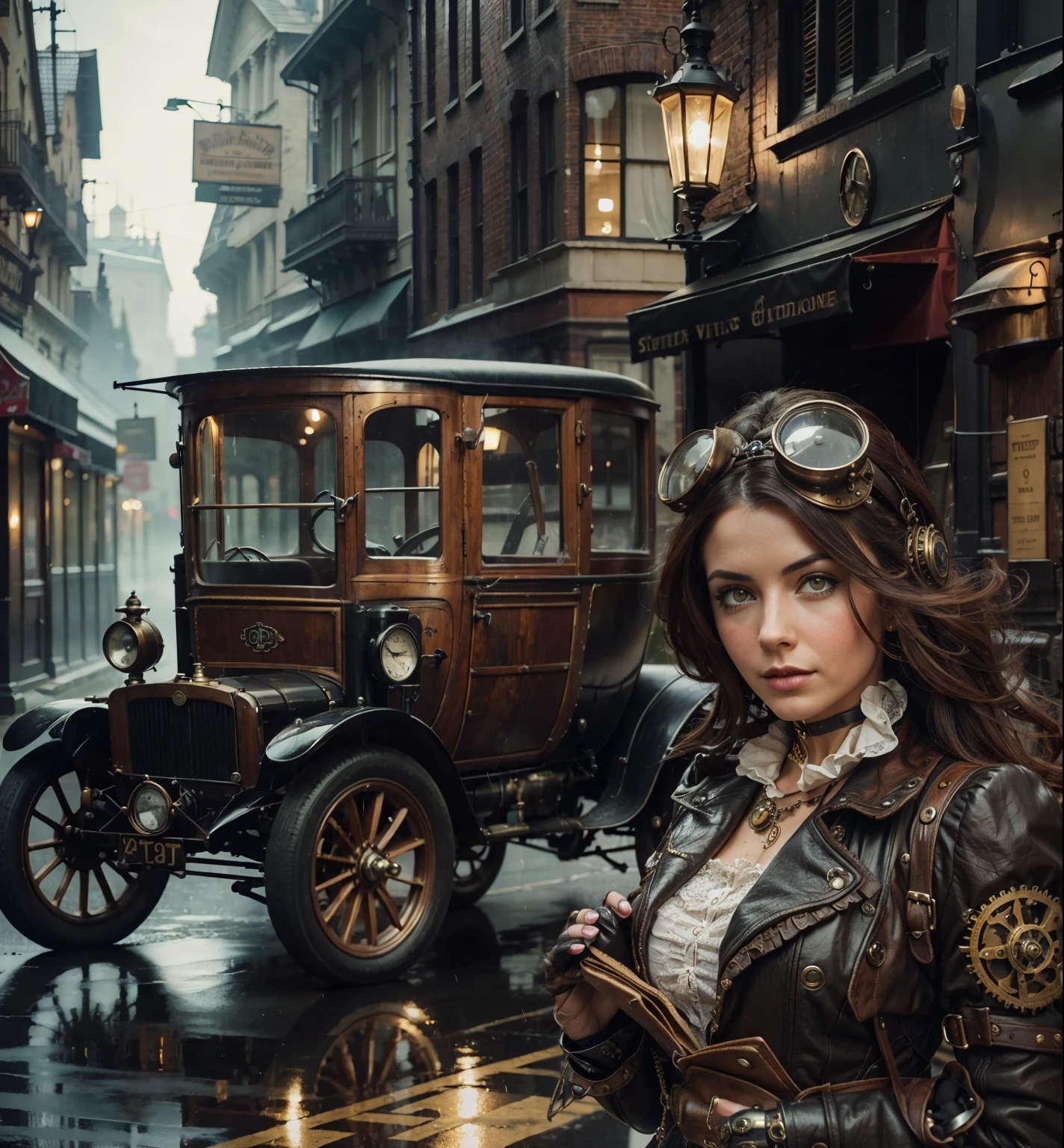 A beautiful and adorable steampunk woman in front of a Steampunk vintage car in a steampunk London 1890 street wet and fog the buildings and cars are stempunk style