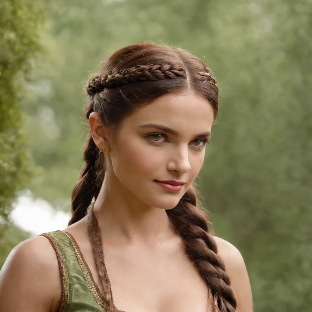 Uma bela Elfa ruiva, her hair parted into braids falling under her bust, seus olhos verdes e brilhantes como a mais bela esmeralda. Seu aspecto era jovial, se fosse humana aparentaria ter pouco mais do que vinte anos, But elven longevity was known to hide the real age of his race. Apesar de sua beleza, ela aparentava uma guerreira habilidosa, Athletic era, trajava uma armadura de escamas, carregava nas costas um escudo e um machado de guerra. His face conveyed the aspect of one who had had many experiences in the past.
