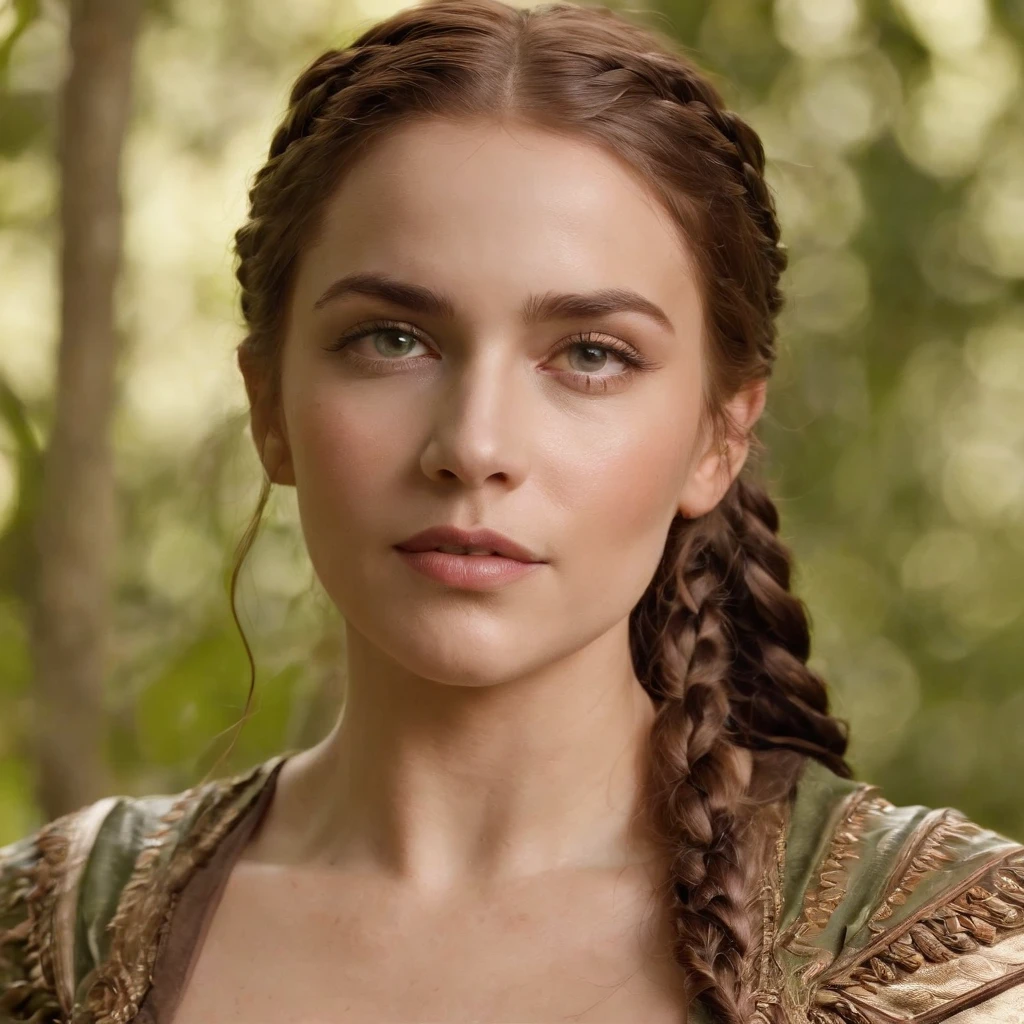 Uma bela Elfa ruiva, her hair parted into braids falling under her bust, seus olhos verdes e brilhantes como a mais bela esmeralda. Seu aspecto era jovial, se fosse humana aparentaria ter pouco mais do que vinte anos, But elven longevity was known to hide the real age of his race. Apesar de sua beleza, ela aparentava uma guerreira habilidosa, Athletic era, trajava uma armadura de escamas, carregava nas costas um escudo e um machado de guerra. His face conveyed the aspect of one who had had many experiences in the past.