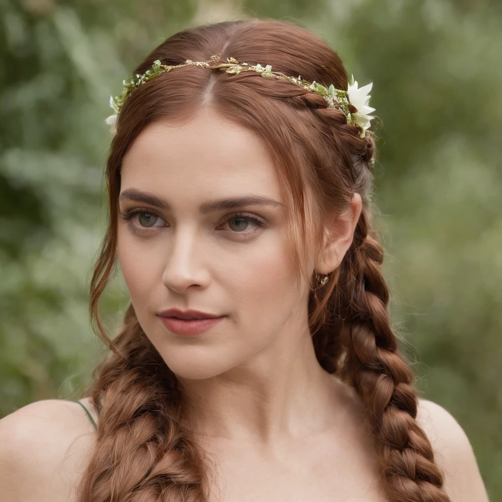 Uma bela Elfa ruiva, her hair parted into braids falling under her bust, seus olhos verdes e brilhantes como a mais bela esmeralda. Seu aspecto era jovial, se fosse humana aparentaria ter pouco mais do que vinte anos, But elven longevity was known to hide the real age of his race. Apesar de sua beleza, ela aparentava uma guerreira habilidosa, Athletic era, trajava uma armadura de escamas, carregava nas costas um escudo e um machado de guerra. His face conveyed the aspect of one who had had many experiences in the past.