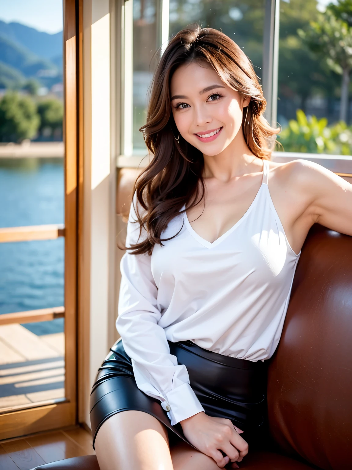 Balcony of a house on Lake Como, Italy, 38 years oldの日本人女性, wearing long black leather boots, White Skirt, White blouse, Burgundy Jacket, Sitting on a big black sofa, In his right hand he holds a wineglass full of red wine., masterpiece ,highest quality, (Mature Woman:1, 38 years old), ((close:0.5)), Glare, double eyelid, Lip gloss, (smile:1), ((close your eyes:0.85)), Red Mouth, clavicle, ((View your audience)), (Wet, shiny, short reddish-brown hair,), (The whole body is visible),(Realistic:1. 3),(RAW Photos)