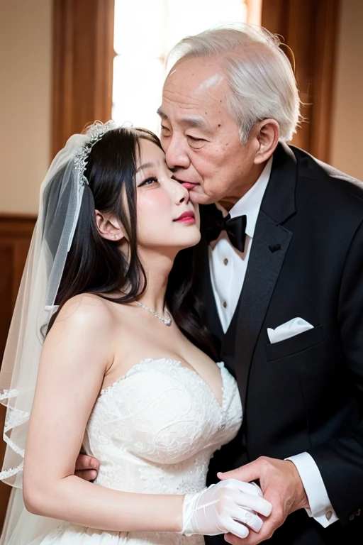 korean young girl bride and korean old man groom having a deep kiss in the wedding hall, crowded guest, 20 years old korean young girl and 60 years old korean old man, lovely couple, happy couple, kissing, wedding photo, wedding, couple portrait, realistic, old man touches young girl's chest, girl all nude, girl wearing garter belt and white lace wedding veil and white lace gloves,