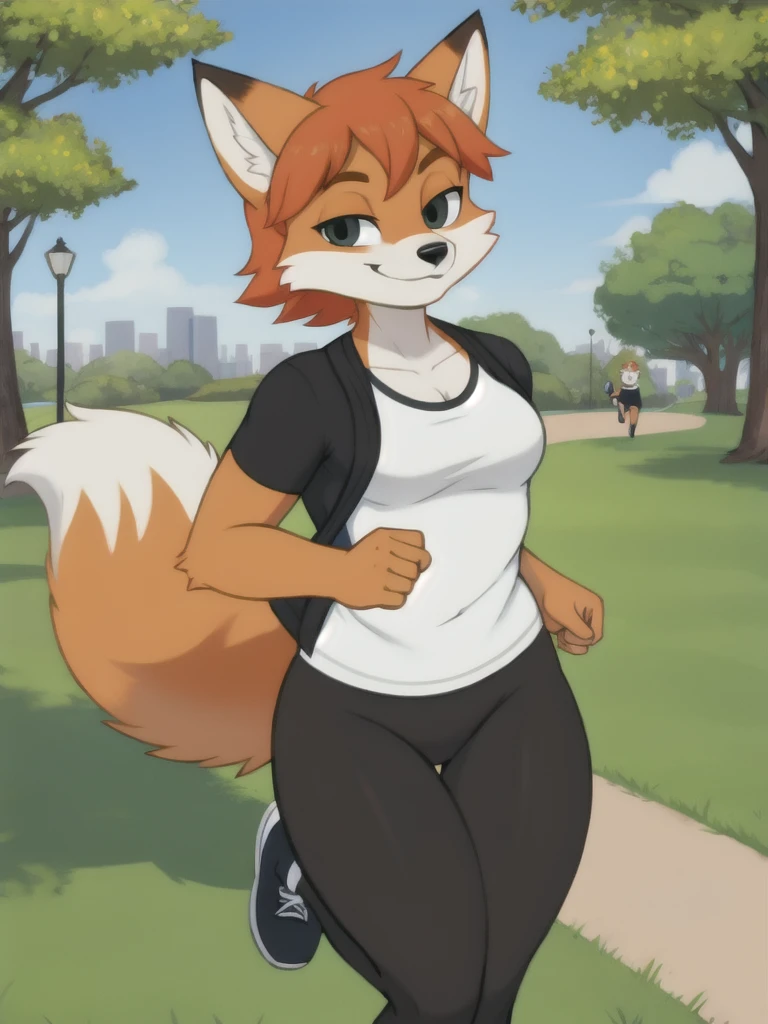 Furry, fox, smile, black leggings, white shirt, jogging, solo, park