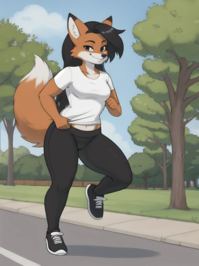 Furry, fox, smile, black leggings, white shirt, jogging, solo, park