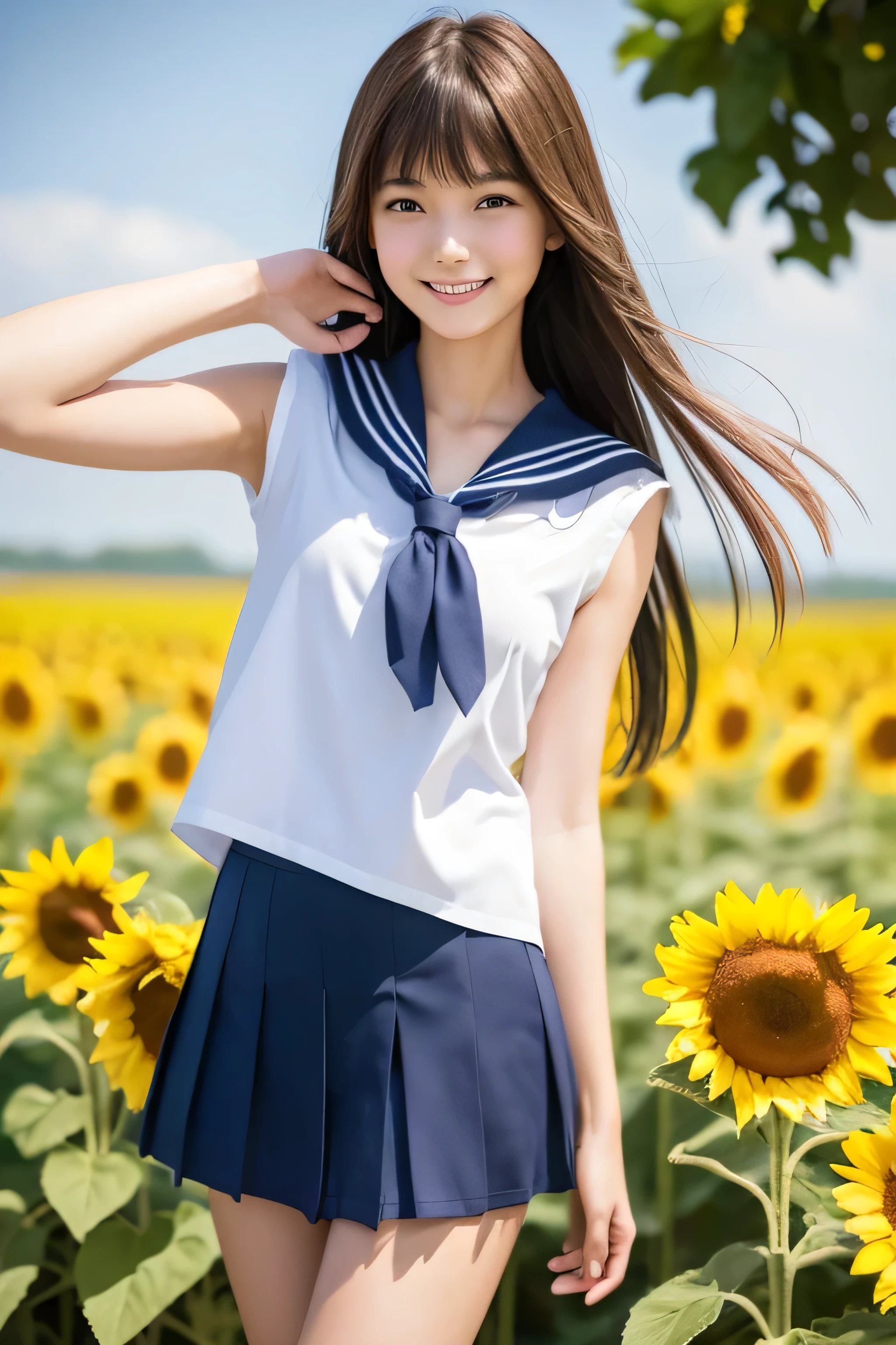 Thin woman, 17 year old slender size model,smile,a healthy woman,high school girl,smile,Summer uniform,Sailor suit,Slender body,Straight long hair fluttering in the wind ,bangs , Bold Pose,thigh , Realistic, High quality 8k, perfection, Best image quality,Sunflower field