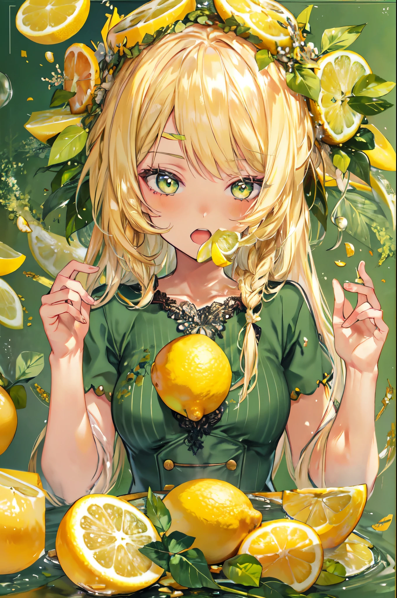 
          Blonde girl painting，Wear a wreath of leaves on your head, Standing among slices of lemons and taking a photo, Splash, Cool and complicated, Hand holding a sliced lemon, Eat a slice, Eat a slice of lemon, displeased expression, Fun and lively characters, close( Perfect Anatomy )

             Beautiful and extremely fine texture，detailed, bright, High-resolution, high-quality presentations with animation style