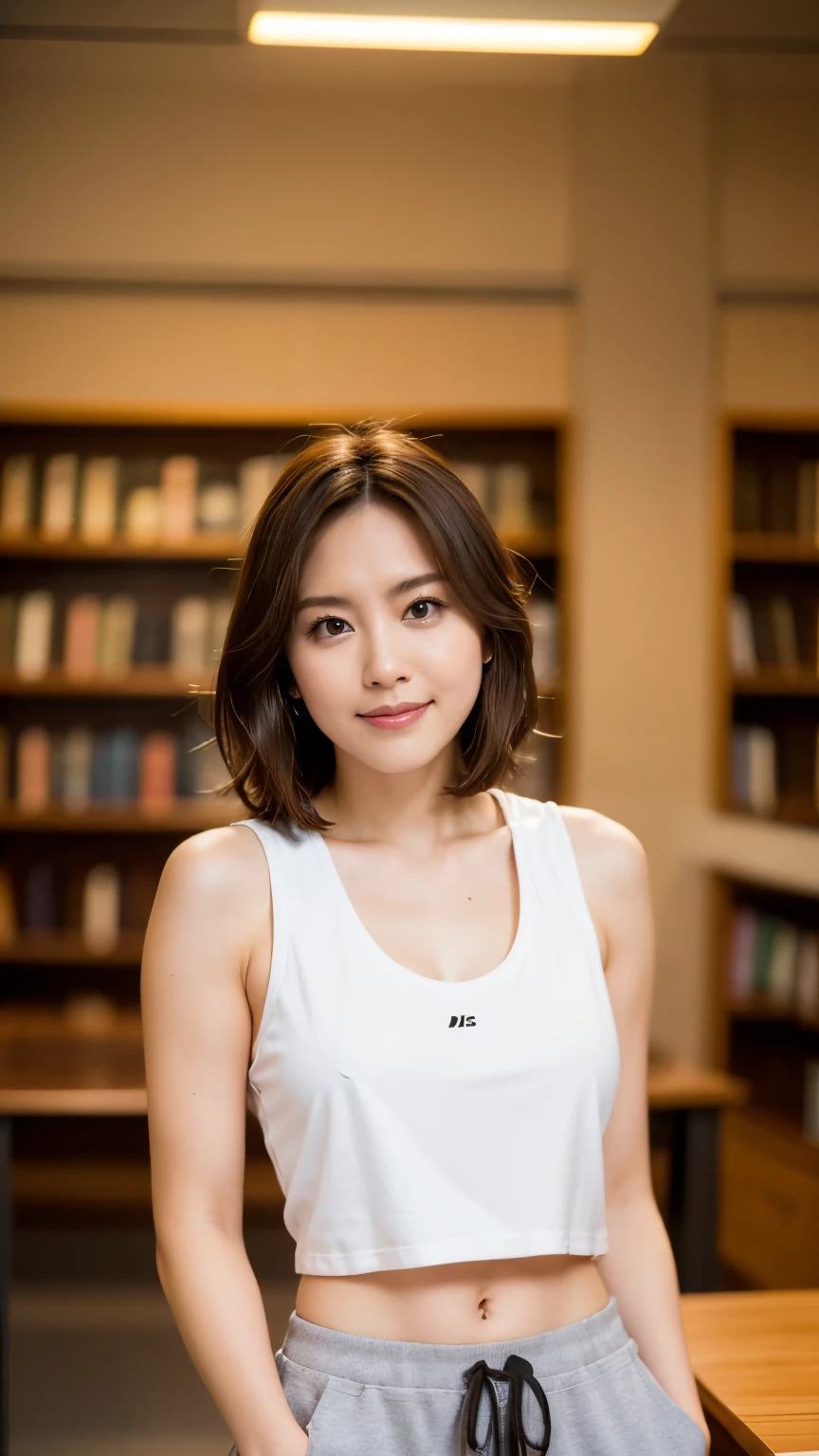 Tabletop, Beautiful woman, (30 years old、Japanese), (Library Background、mechanical、Bookshelf), ,(((White Tank Top、Black jogging pants))), (((Beautiful Hair、Bob Hair, Brown Hair))), (D cup breasts:1.3)、feet, (Skin Texture:1.1), highest quality, 超A high resolution, (Realistic: 1.4), RAW Photos, , Nikon D850 film stock photo, f1.6 Lenses, Rich colors, Realistic, Cinestill 800, Backlight, Rim Light, Studio Lighting, Erotic photos, mechanicalの上でかがむ:1.3