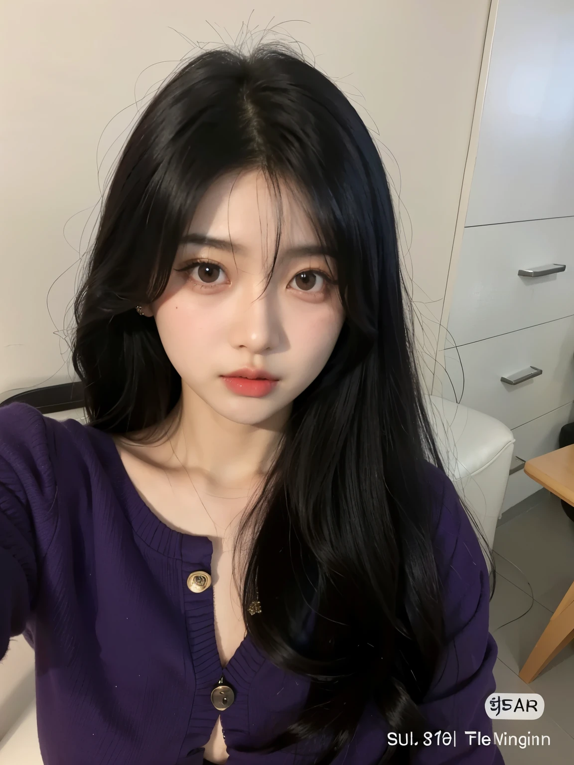 Arafed Asian woman with long black hair and a purple shirt, linda mulher coreana jovem,  coreana, young adorable korean face, Mulher sul-coreana bonita, Ulzzang, mulher coreana jovem bonita, young cute wan asian face, wan adorable korean face, Foto selfie 8k, 19-year-old girl, cruel korean goth girl