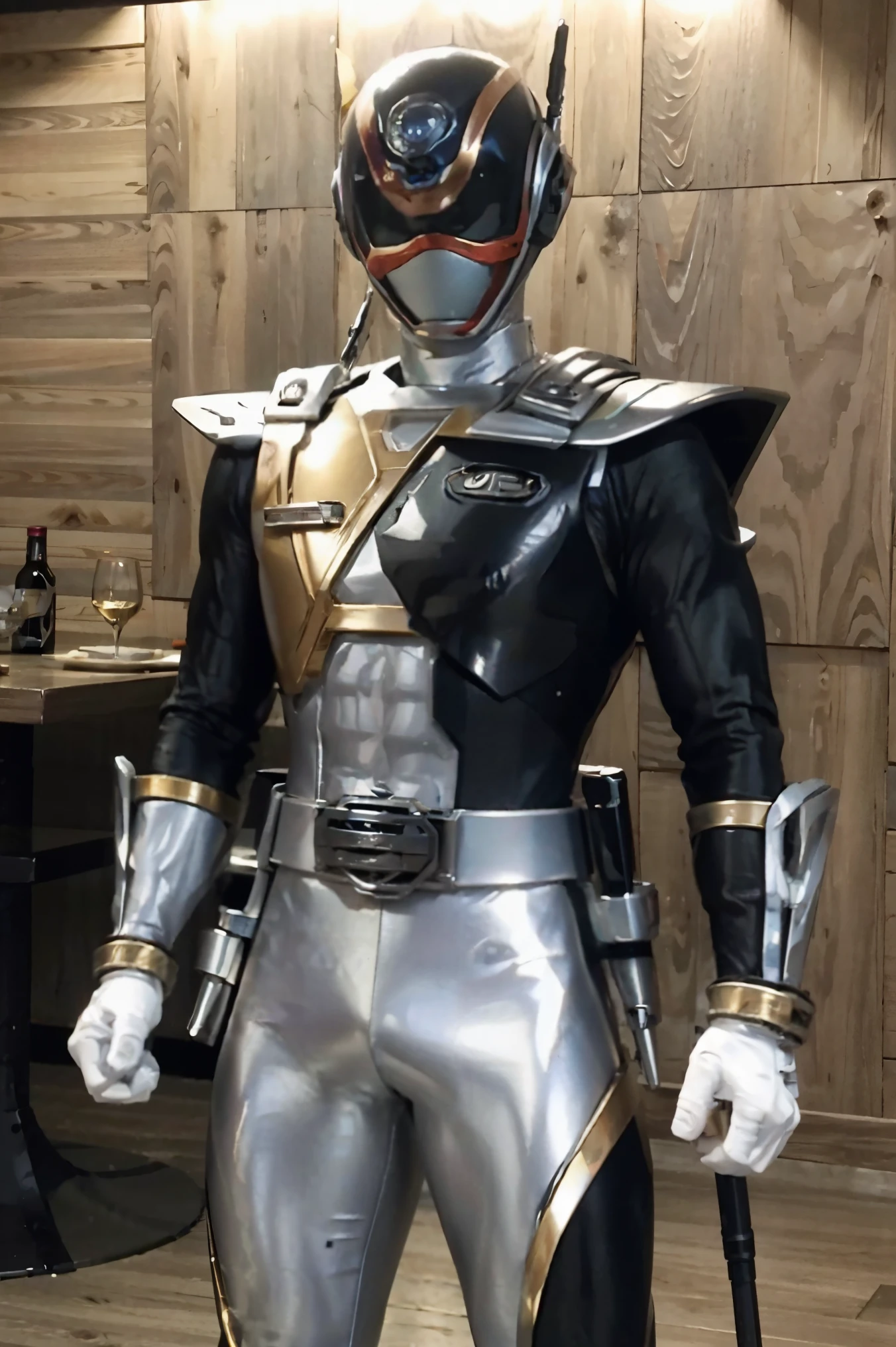 Fantasy background, cafe rpg style, empty chair, table, set of tea glass, (power rangers)), One guy、gold shadow gray costume, Solo, ((fit figure)), (Anatomically correct), Cowboy shot, masked face, guns, muscular build