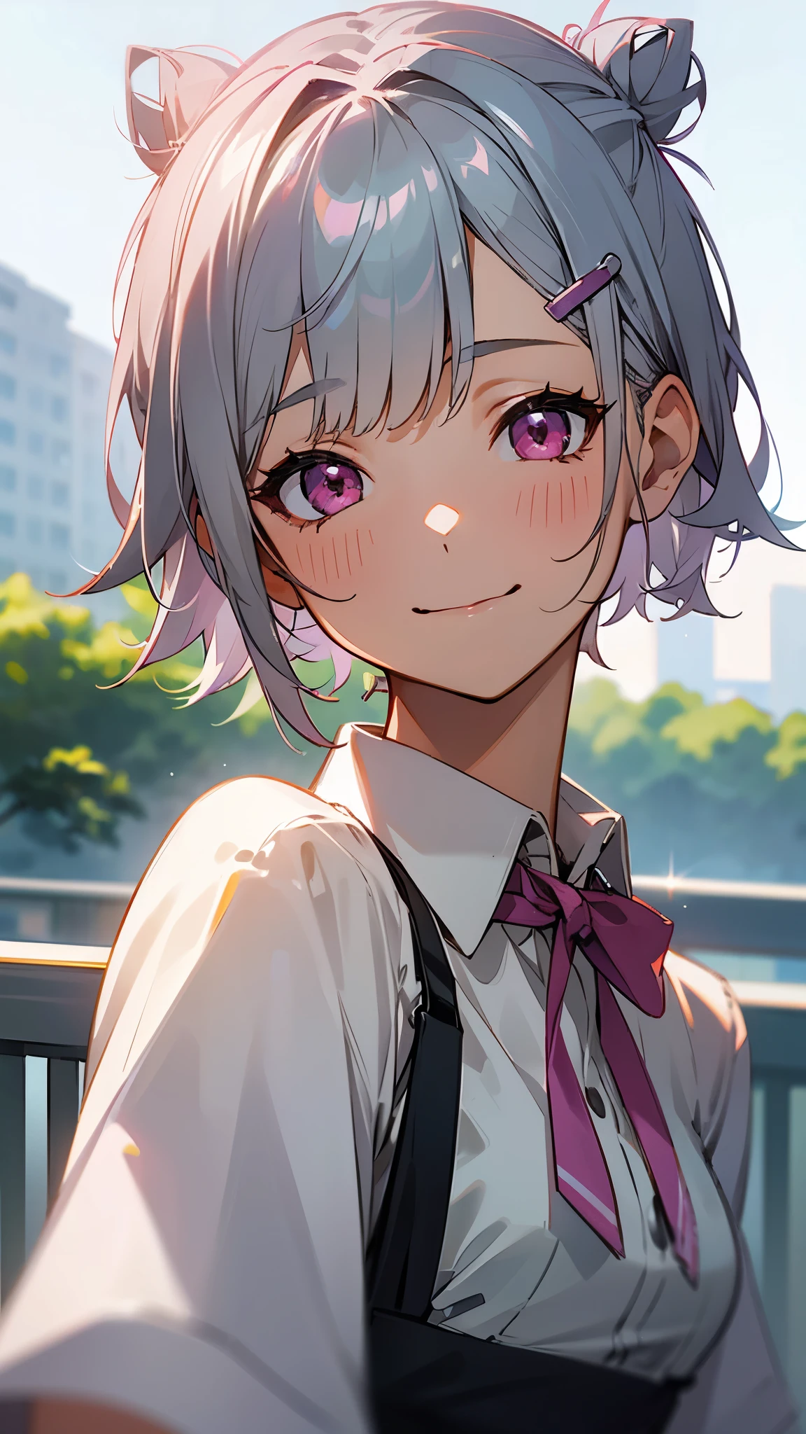 １girl、Short silver bob hair tied in a bun with a hair clip, Pink Eyes、Laughing with your mouth open、Upper body close-up、Morning Cafe Terrace、Background blur, Written boundary depth