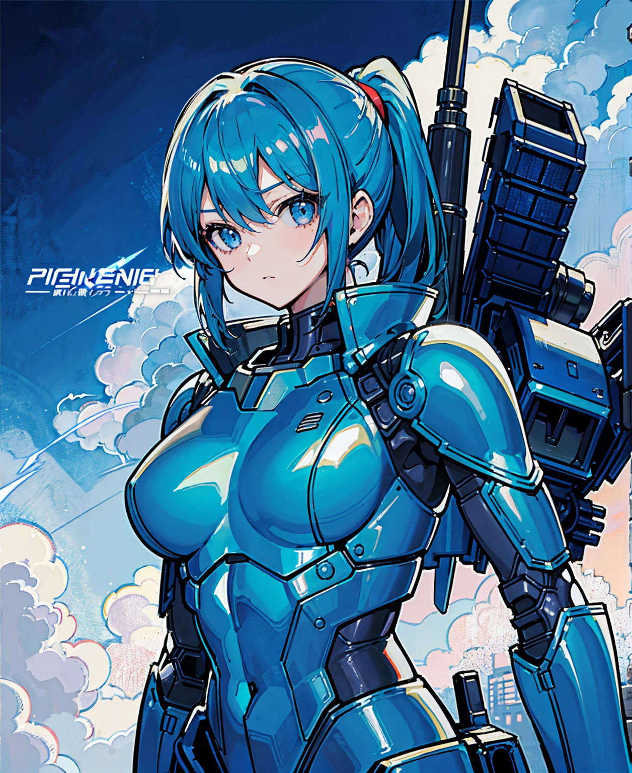 Blue Hair、Masterpiece、Best Quality、1 girl、Medium breast、((Album cover))、Light on Face、Slim Body、Blue Costume、Exoskeleton、metal Gear、Cyberpunk Style、ponytail、The Gundam pilot、attention arousal，Ride a fighter