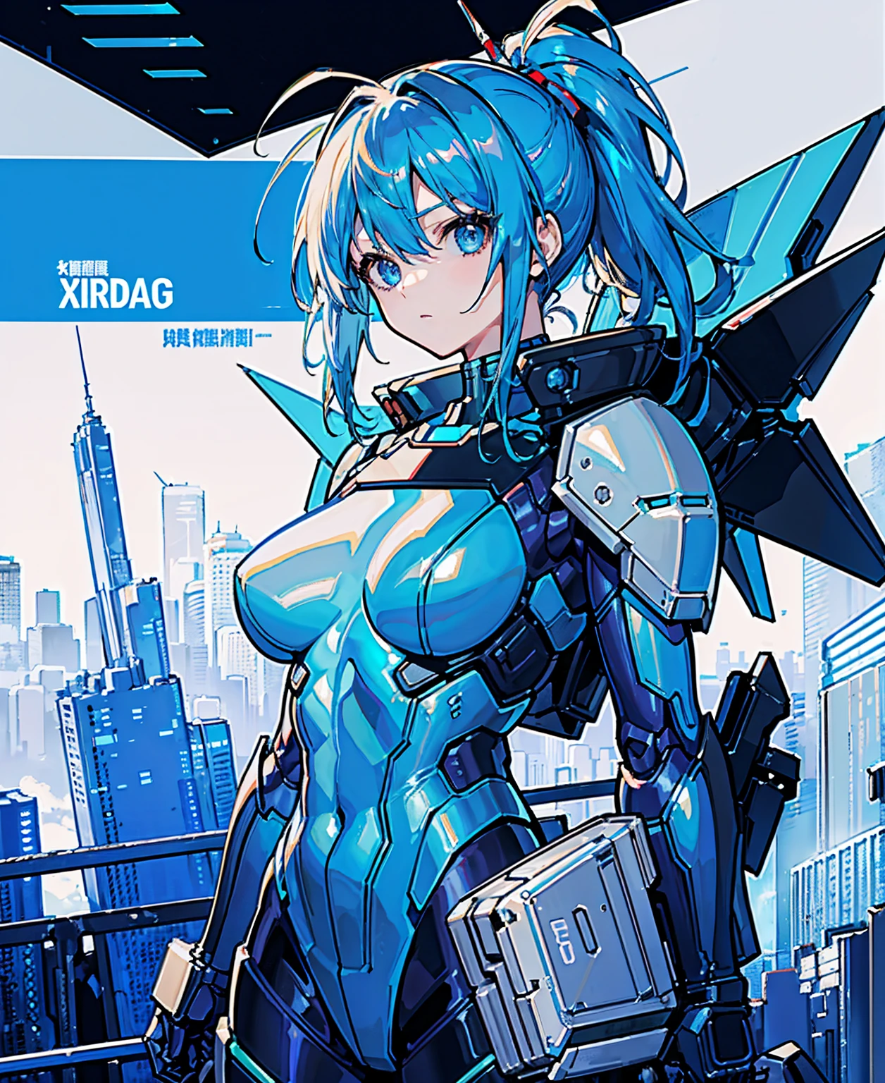 Blue Hair、Masterpiece、Best Quality、1 girl、Medium breast、((Album cover))、Light on Face、Slim Body、Blue Costume、Exoskeleton、metal Gear、Cyberpunk Style、ponytail、The Gundam pilot、attention arousal，Ride a fighter