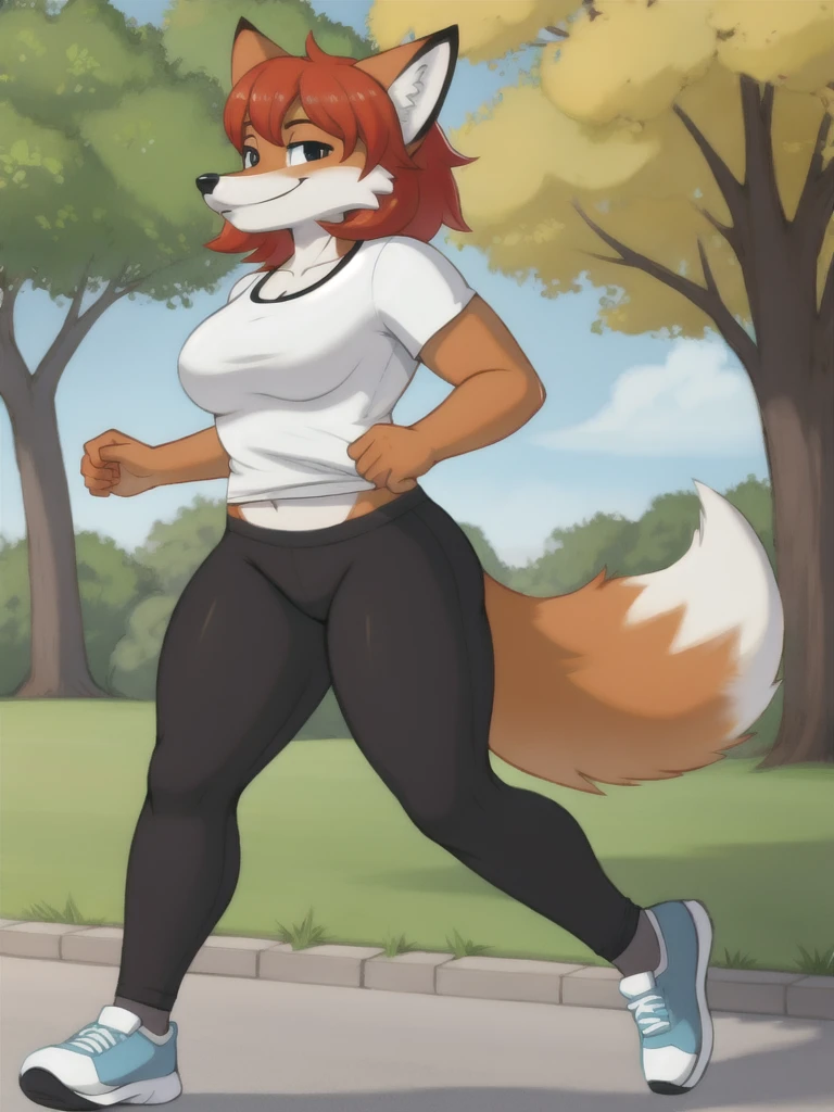 Furry, fox, smile, black leggings, white shirt, jogging, solo, park