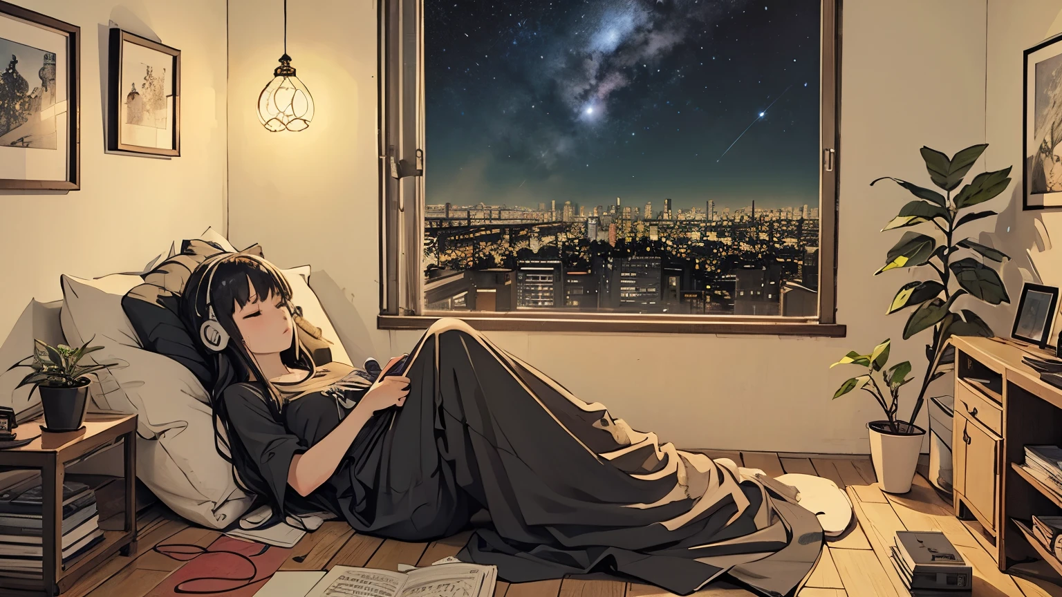 1 girl, 90s anime style, night, star, City apartment room、Detailed face、Girl sleeping in a chair with headphones on, late night , Listening to music alone, Sleeping while sitting、Messy room、Studio、City Pop, high quality, 綺麗なnight景、Lo-Fi, Chill, late night,都会のnight景、miscellaneous room、Foliage plant、 futuristic night view outside the window,