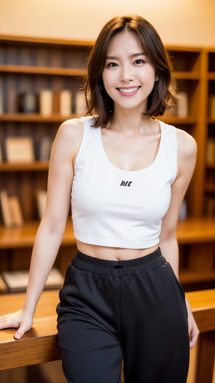 Tabletop, Beautiful woman, (30 years old、Japanese), (Library Background、mechanical、Bookshelf), ,(((White Tank Top、Black jogging pants))), (((Beautiful Hair、Bob Hair, Brown Hair))), （D cup breasts：1.3）、feet, (Skin Texture:1.1), highest quality, 超A high resolution, (Realistic: 1.4), RAW Photos, , Nikon D850 film stock photo, f1.6 Lenses, Rich colors, Realistic, Cinestill 800, Backlight, Rim Light, Studio Lighting, Bright smile:1.3