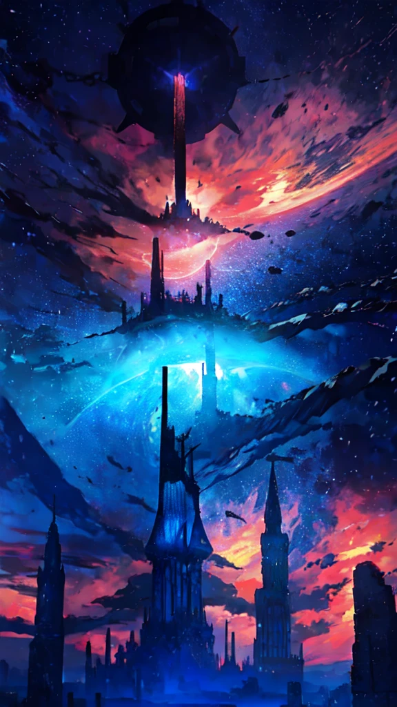 towers of god, blue towers, violet, blue, red, god, red sky, violet sky, starry sky, stars, starry towers, starry god, light blue, civilization, order, apocalypse