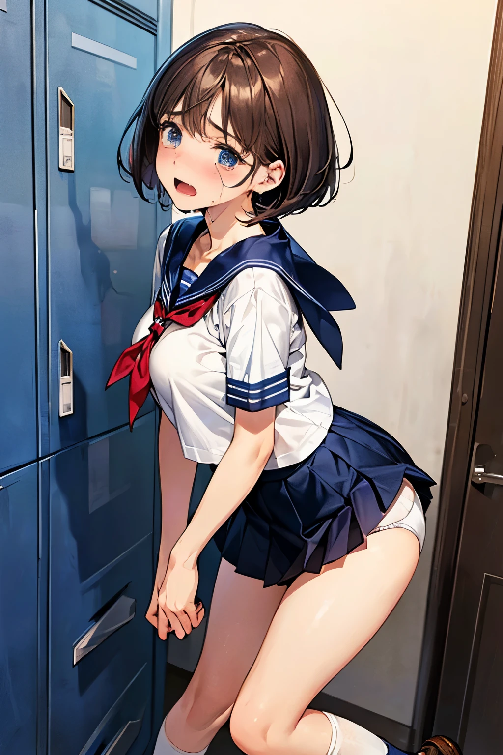 Browsing Caution,(((Perfect Anatomy, Anatomically correct, Very detailedな肌))), 1 girl, Japanese, high School girl, Shiny skin, Observe the audience, ((Back view, From below)), Beautiful Hair, Beautiful Face, Beautiful details, (short hair:1.1, Bobcut:1.2), Dark blonde hair:1, blue eyes, Baby Face, Mole under the eye, Beautiful clavicle, Beautiful body, Beautiful breasts, Big Breasts:0.5, Beautiful thighs, Beautiful feet, Camel Toe, ((Short sleeve, Cute Sailor Suit, All dark blue, Dark blue pleated skirt, Navy blue sailor collar, Sailor scarf, socks, Brown Loafers)), Captivating thighs, (Red Slave Collar), ((Embarrassing, Scared, sad, tears, cry, Half-open mouth)), Are standing, (((Leaning forward), Take off, Raise one leg, Pull on white panties)), (Beautiful views), summer, School, locker room, 8k, highest quality, Masterpiece:1.2, Very detailed), (Realistic), Beautiful illustrations, Natural light, whole body,