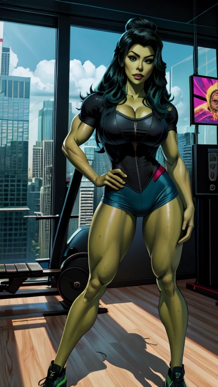 masterpiece,very sharp image,(((The Perfect One Woman))),(((one person))),sci-fi gym, beautiful detailed face,she hulk, marvel comics, green skin, muscolar body, hi-tech scene,wet white tight trunck, very tiht gym hot pants mid shot destance, long black wavy hair in a bun, Excellent sense,big breasts,cleavage,American Comics,colorful,highly detailed body, perfect eyes, perfect hands, sexy expression, full body shot, swet body