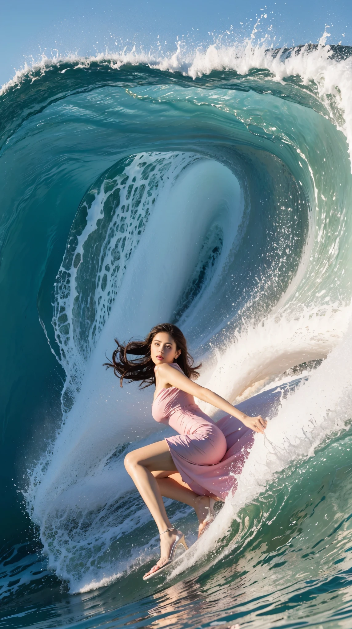 highest quality,masterpiece,Ultra-high resolution,(Actual:1.4),Original photo,Ultra-high resolution，8k，There are women，Fair skin，Exquisite makeup，Big waves，Pink Dress:1.5，，High heels，Long legs，Bright and beautiful，