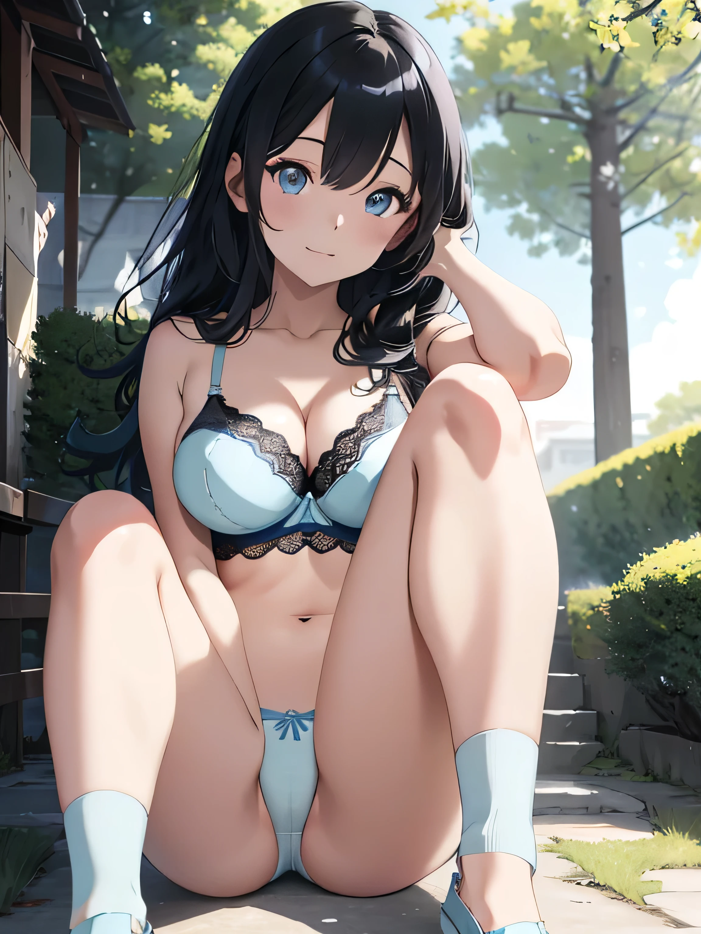 Anime woman with black hair and blue eyes in the park, Anime drawing by Kamaguruka, Pixiv, shin hanga, Anime Moe Art Style, Casual pose, cel - shaded art style, Anime Style. 8k, flat Anime Style shading, Smooth anime CG art, Attractive anime woman, , Realistic anime art style, (((Light blue lace bra))), (((light blue thong panties))), Spread your knees、Sit with your feet facing outward, Leg spread