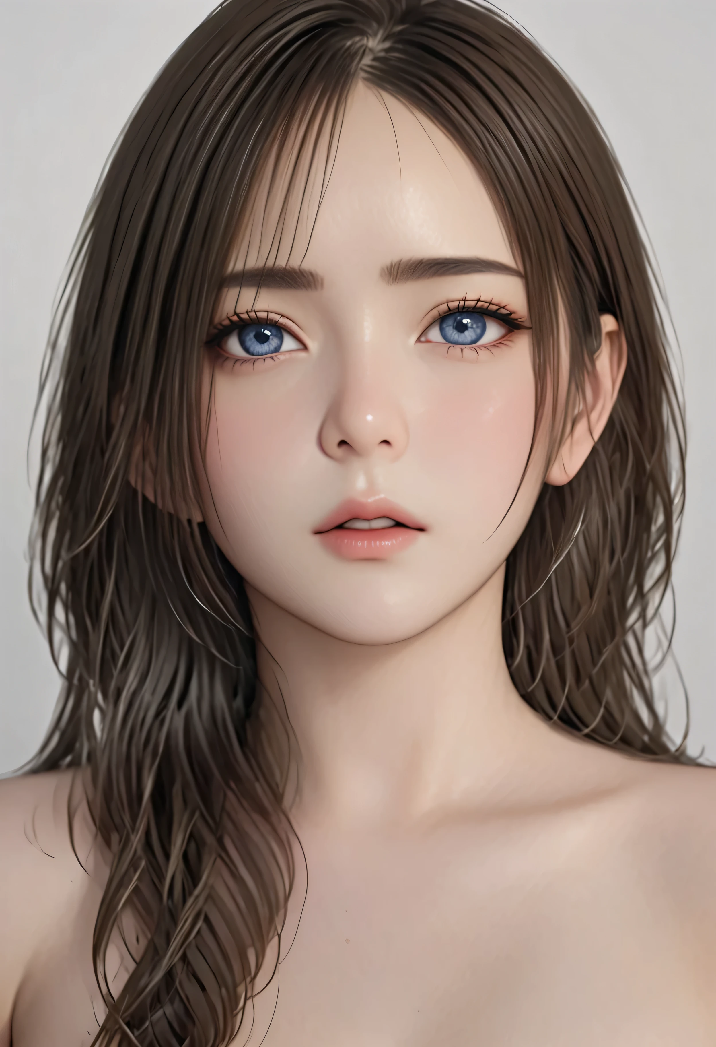 (highest quality, 8k, 32k, masterpiece), (Realistic), (Realistic:1.2), (High resolution), Very detailed, Very beautiful face and eyes, One girl, Delicate body, (close, highest quality, Attention to detail, Rich skin detail), (highest quality, 8k), Very detailed, (Realistic, Realistic:1.37), Bright colors, (((Bust Shot))), (((White wall background))), (((Look straight ahead))). nude