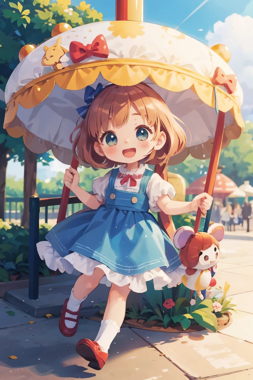 Photorealistic、Chibi Girl Doll(Enjoying the merry-go-round at the amusement park)