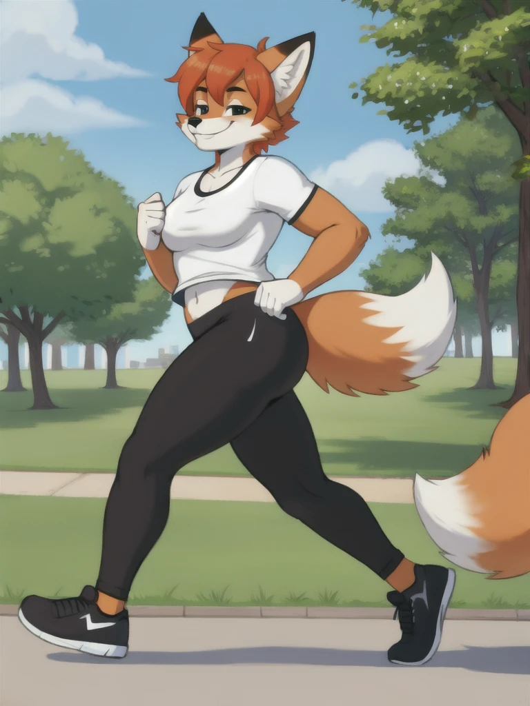 Furry, fox, smile, black leggings, white shirt, jogging, solo, park