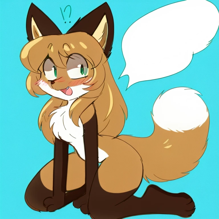 Nervous smiling, uploaded the e621, simple background, beautiful and detailed, woman (((female))) ((anthro)) Fox, (Averi, Fox girl), Fox, (anthro, fluffy fur, character focus:1.1), 1girl, anthro fox girl, body fur, curvy, sexy, nice, cute, hot, sassy hips, sassy, comfortable anime-style cartoon-style, digital drawing, green eyes, SFW, flat chest, behind view, on knees, blushing, looking embarrassed, looking back at viewer, surprised expression, exclamation mark, speech bubble
