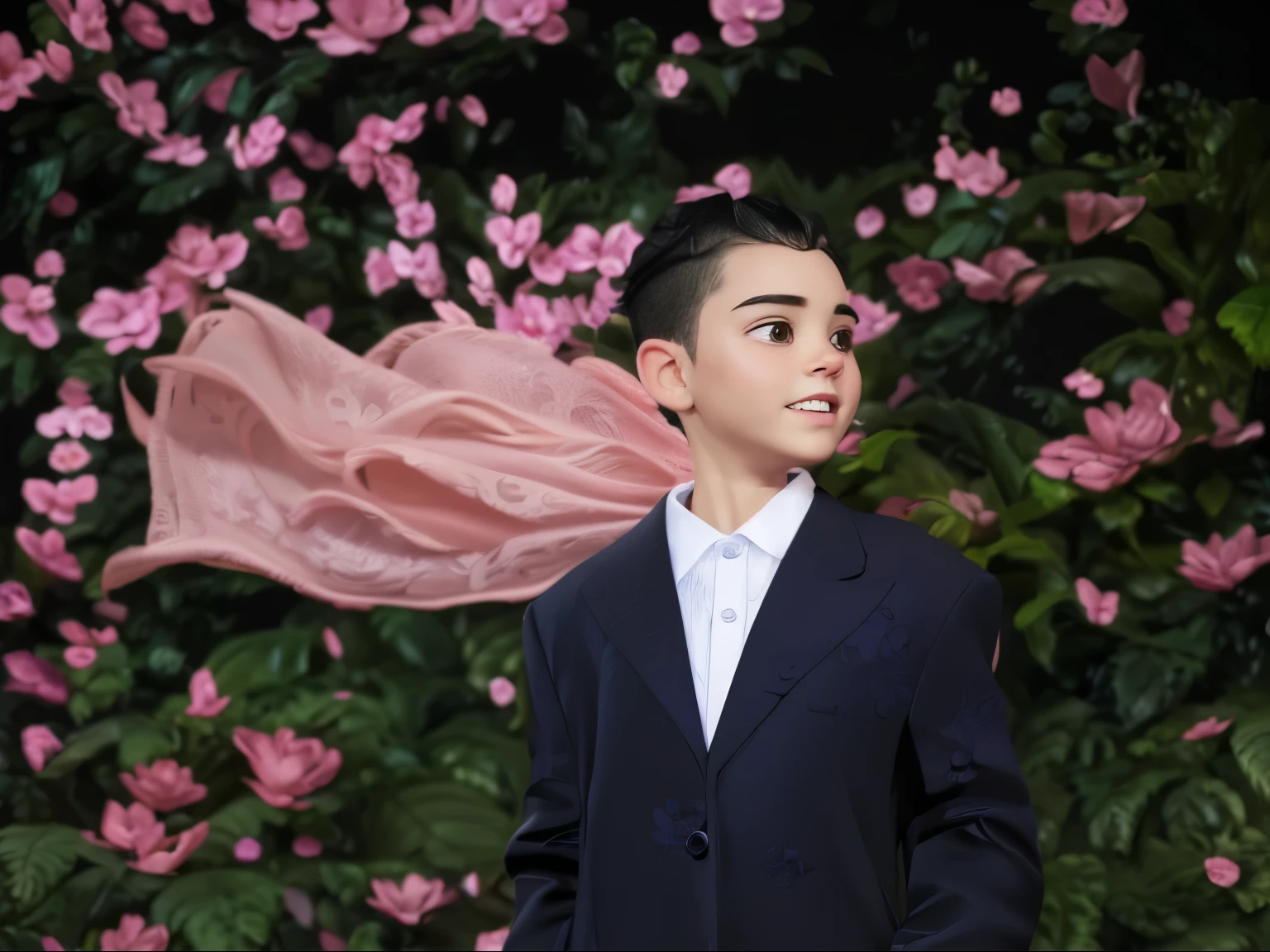 a cute young boy, , wearing a black suit, in front of a floral wall background, beautiful detailed eyes, beautiful detailed lips, extremely detailed eyes and face, long eyelashes, elegant, formal, soft lighting, cinematic, highly detailed, photorealistic, 8k, best quality, masterpiece,Pink streamer,cloak