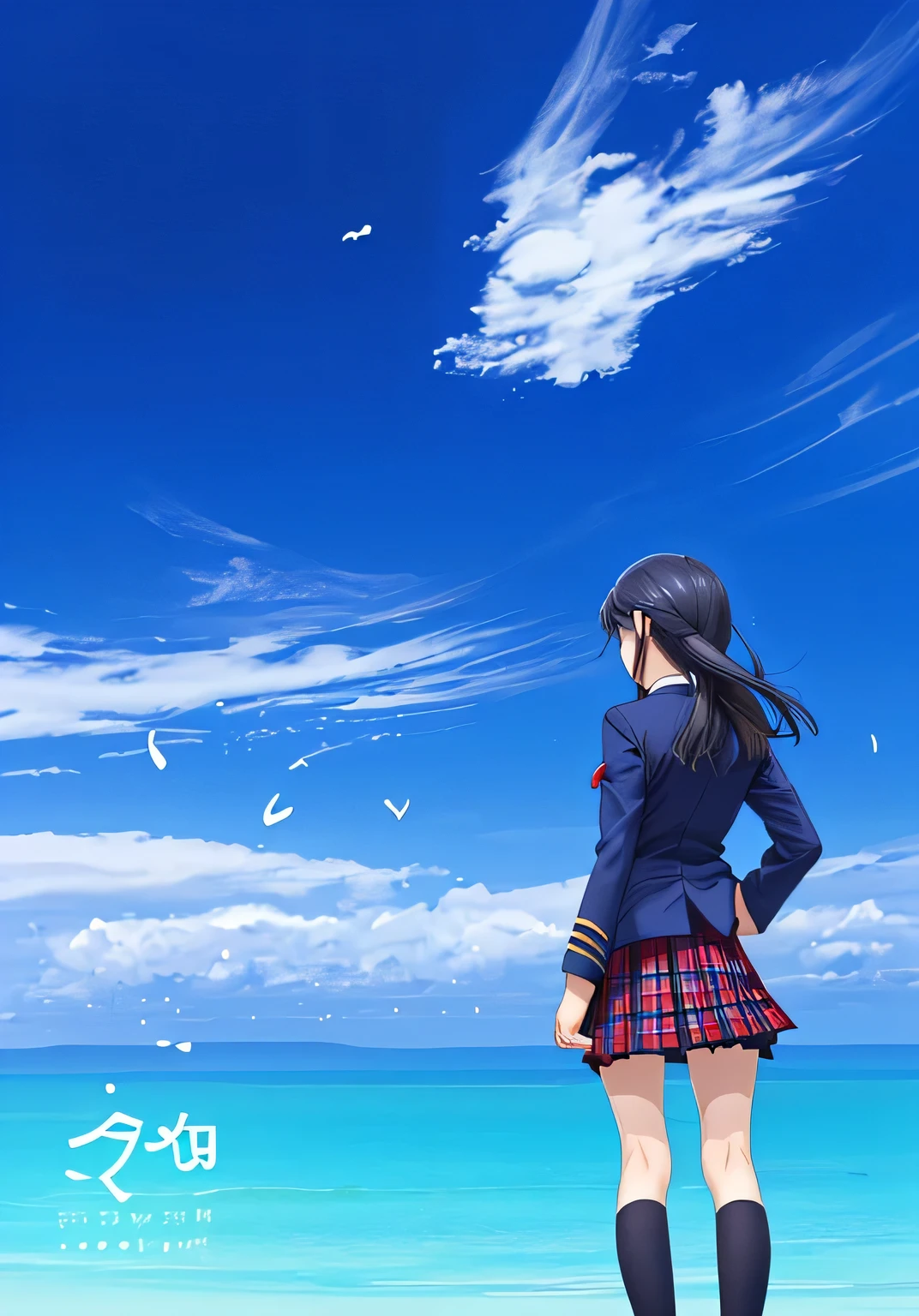 Back view of a -yeld giNavy Blue Blazer、Red checked skirt、uniform、Fluttering in the wind。