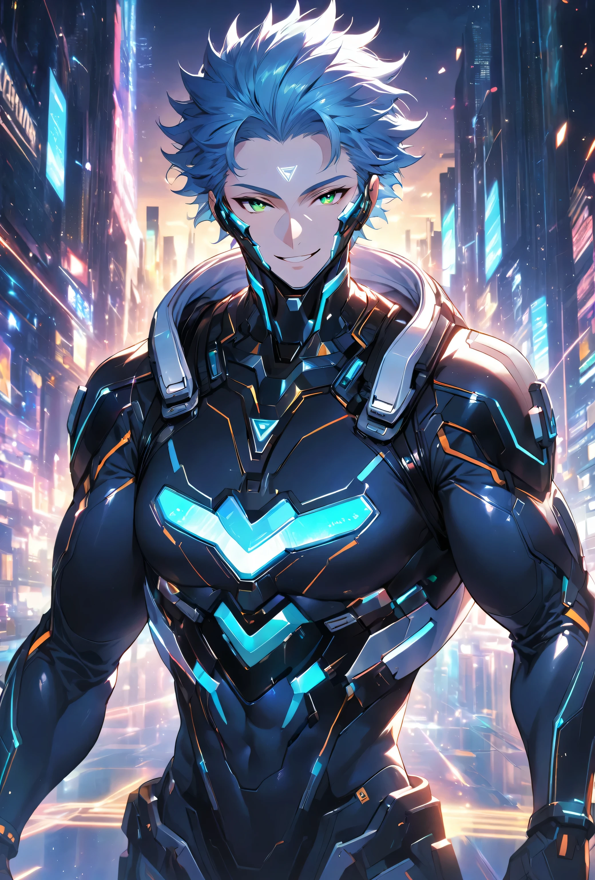 A friendly and charismatic male character in a futuristic black and blue cyber suit with glowing LED lines, short spiky blue hair, and sharp green eyes. He is tall, muscular, and has an energy backpack on his back. The character is smiling warmly and in a relaxed posture, exuding a welcoming and approachable aura. The background is a digital cityscape with floating holographic elements and light effects, representing a cybernetic world.,Face masks,Pale-white glowing forehead protector,
