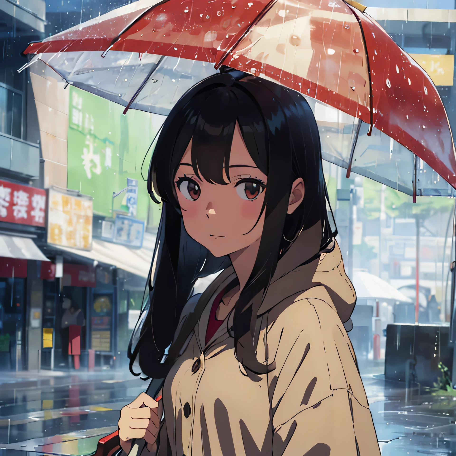 In front of Pass Tei、((Drawing from the front))、A 20-year-old woman is standing and turns to face me.、Upper body close-up、Sucking rain、Wearing a beige raincoat、A beautiful woman with long brown hair、Holding a red umbrella