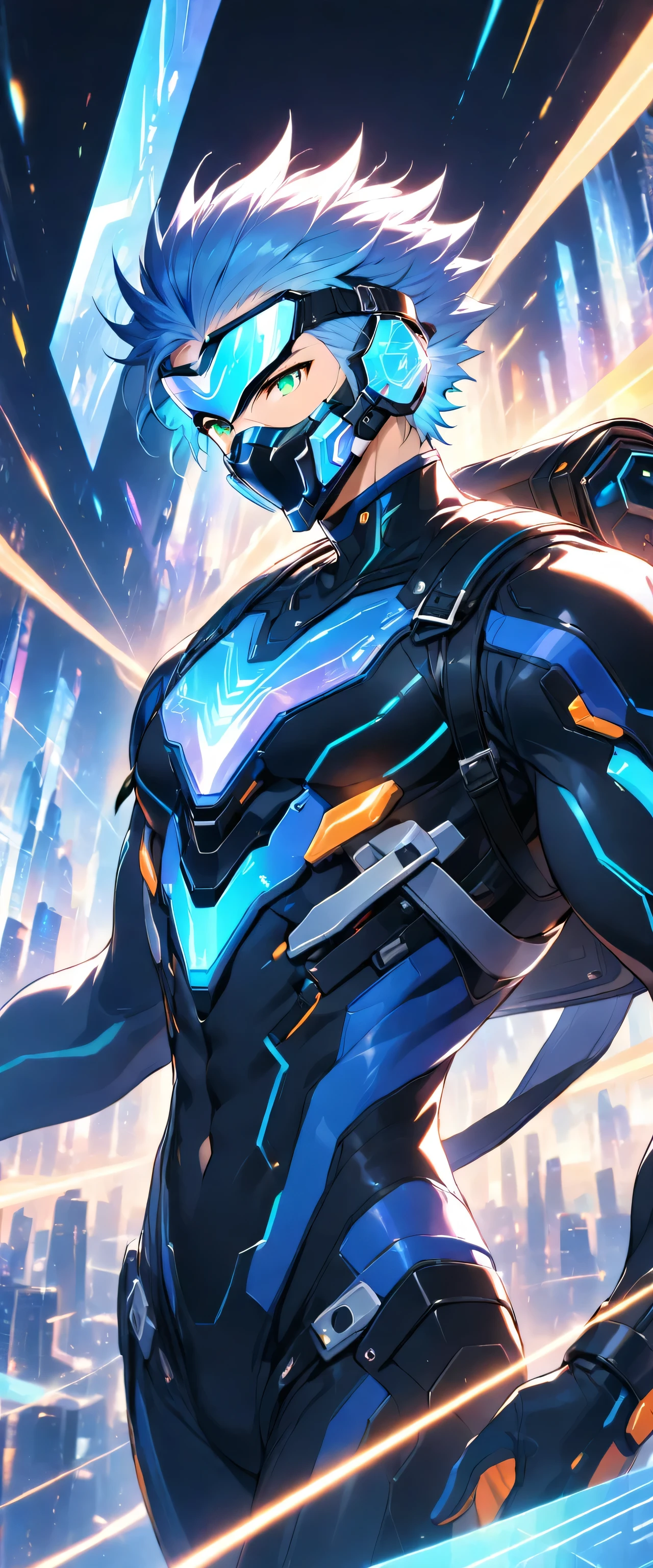 A friendly and charismatic male character in a futuristic black and blue cyber suit with glowing LED lines, short spiky blue hair, and sharp green eyes. He is tall, muscular, and has an energy backpack on his back. The character is smiling warmly and in a relaxed posture, exuding a welcoming and approachable aura. The background is a digital cityscape with floating holographic elements and light effects, representing a cybernetic world.,((mask,Face guard,Ear guards,Forehead protector)),male