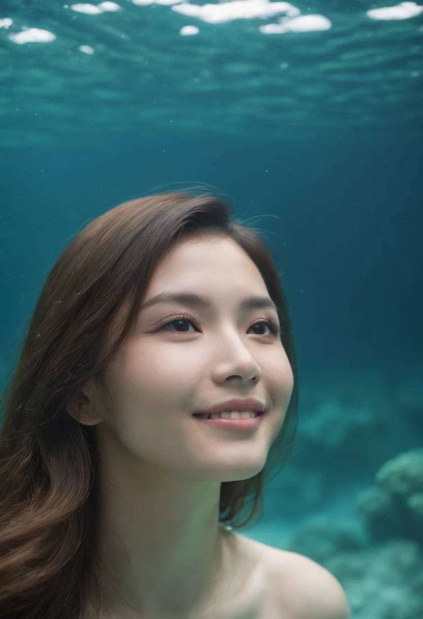 A cute and beautiful Japanese woman in her late twenties with semi-long hair and a voluptuous figure is diving underwater. She is facing the camera with a beaming smile, looking very stylish in a micro bikini. There are many beautiful tropical fish swimming around her.
