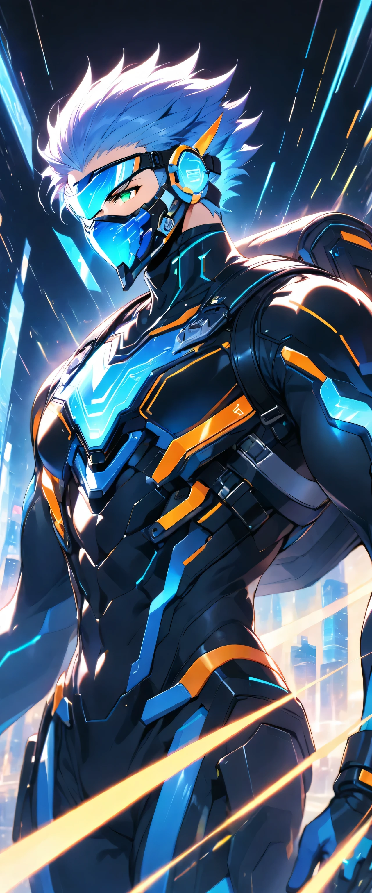 A friendly and charismatic male character in a futuristic black and blue cyber suit with glowing LED lines, short spiky blue hair, and sharp green eyes. He is tall, muscular, and has an energy backpack on his back. The character is smiling warmly and in a relaxed posture, exuding a welcoming and approachable aura. The background is a digital cityscape with floating holographic elements and light effects, representing a cybernetic world.,((mask,Face guard,Ear guards,Forehead protector)),male