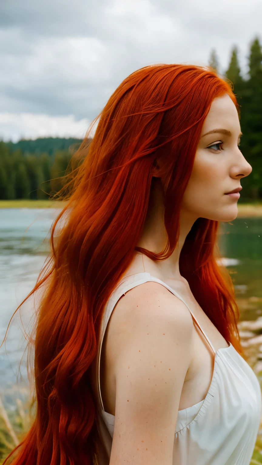 redhead haired woman with long red hair standing in front of a lake, red haired goddess, beautiful redhead woman, redhead woman, woman with red hair, flowing red hair, red hair girl, red haired girl, long flowing red hair, red haired young woman, flowing ginger hair, redhead girl, a redheaded young woman, ethereal beauty, red hair and attractive features, looking at viewer