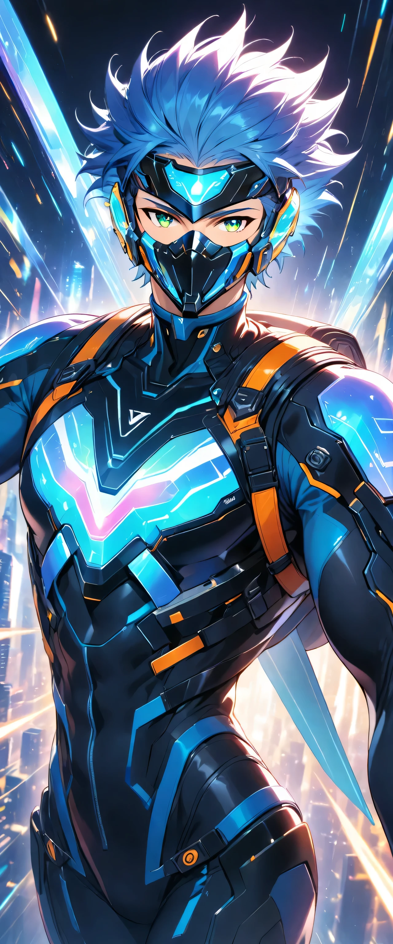 A friendly and charismatic male character in a futuristic black and blue cyber suit with glowing LED lines, short spiky blue hair, and sharp green eyes. He is tall, muscular, and has an energy backpack on his back. The character is smiling warmly and in a relaxed posture, exuding a welcoming and approachable aura. The background is a digital cityscape with floating holographic elements and light effects, representing a cybernetic world.,((mask,Face guard,Ear guards,Forehead protector))