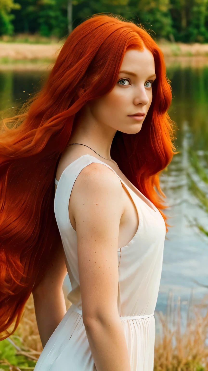 redhead haired woman with long red hair standing in front of a lake, red haired goddess, beautiful redhead woman, redhead woman, woman with red hair, flowing red hair, red hair girl, red haired girl, long flowing red hair, red haired young woman, flowing ginger hair, redhead girl, a redheaded young woman, ethereal beauty, red hair and attractive features, looking at viewer